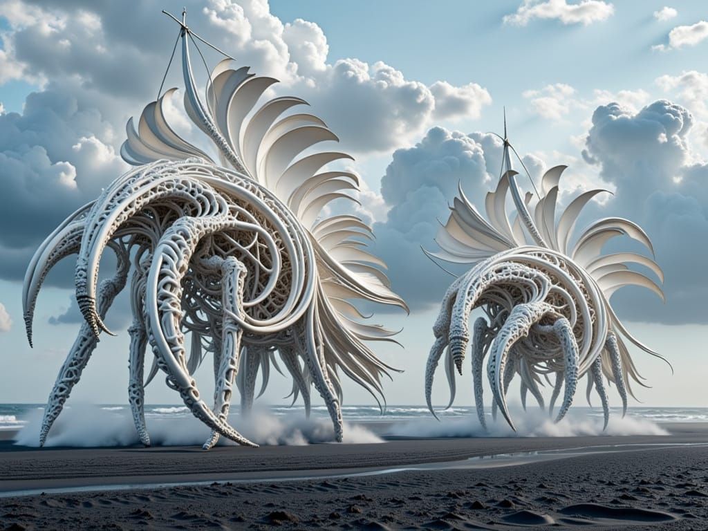 Mammoth Bone Sculptures on Black Sand Beach in Magic Surreal...