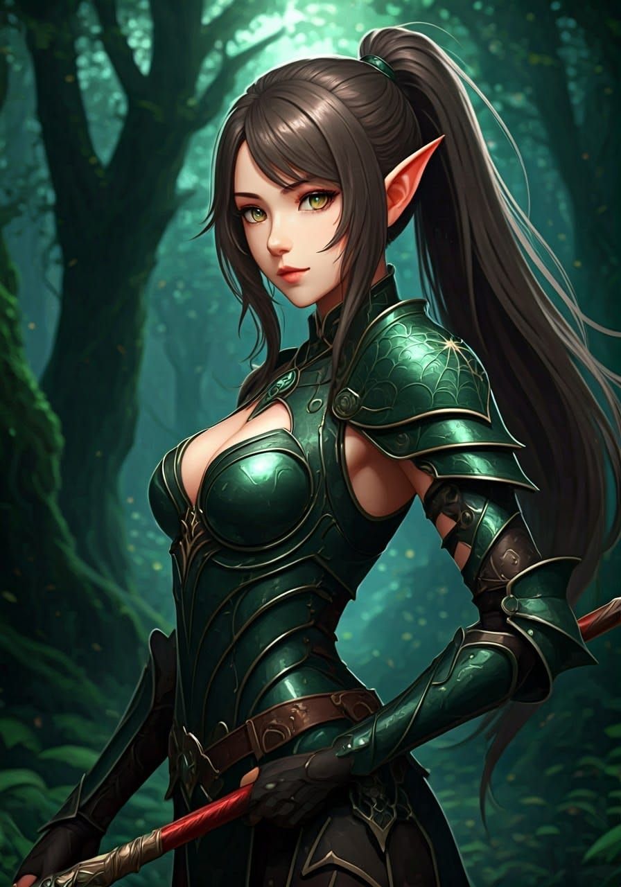 Sleek Elven Warrior in Lush Fantasy Landscape