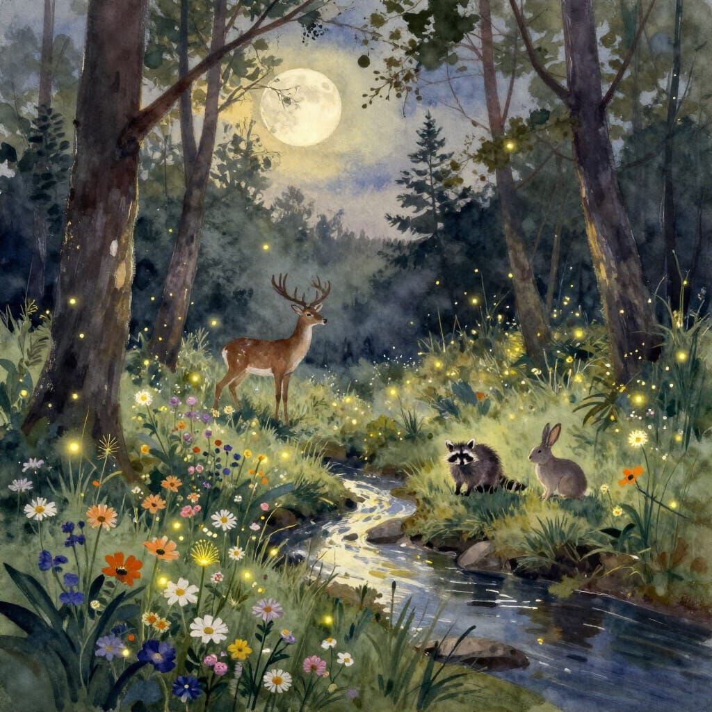 Moonlit Forest Clearing Watercolor Painting