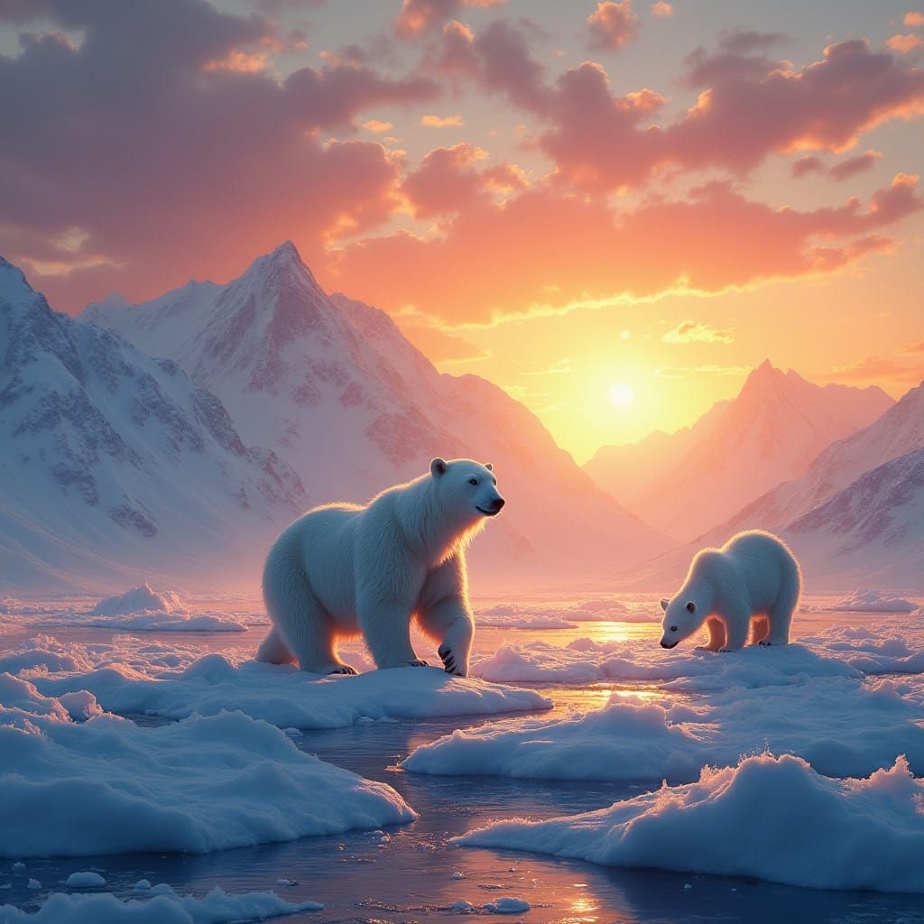 Vibrant Polar Bears Frolic in Golden Sunset Splendor