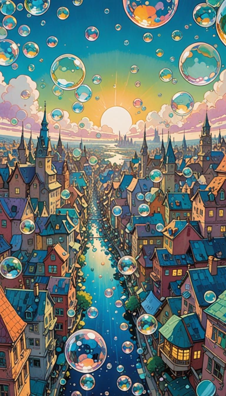 Dreamscape City with Floating Glass Bubbles