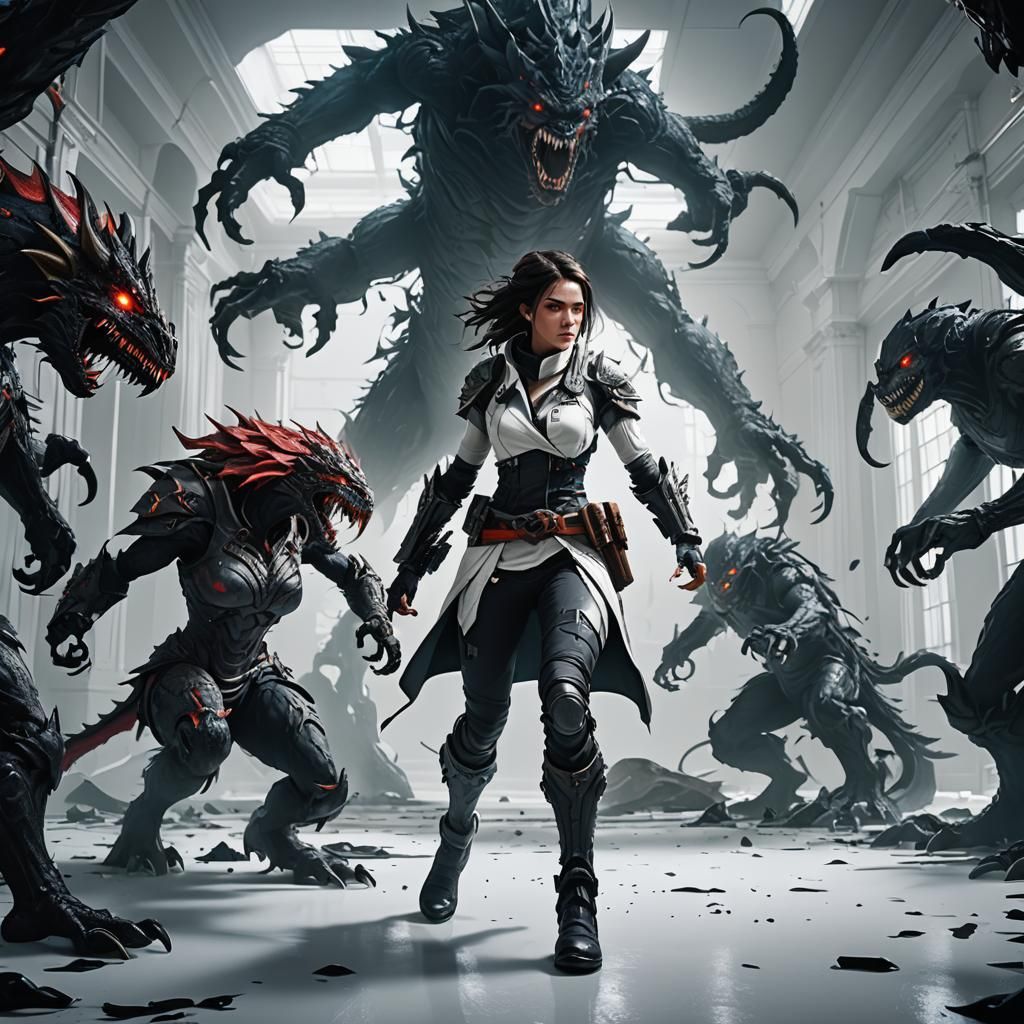 Girl's Fight Against Shadow Monsters: Fantasy Concept Art