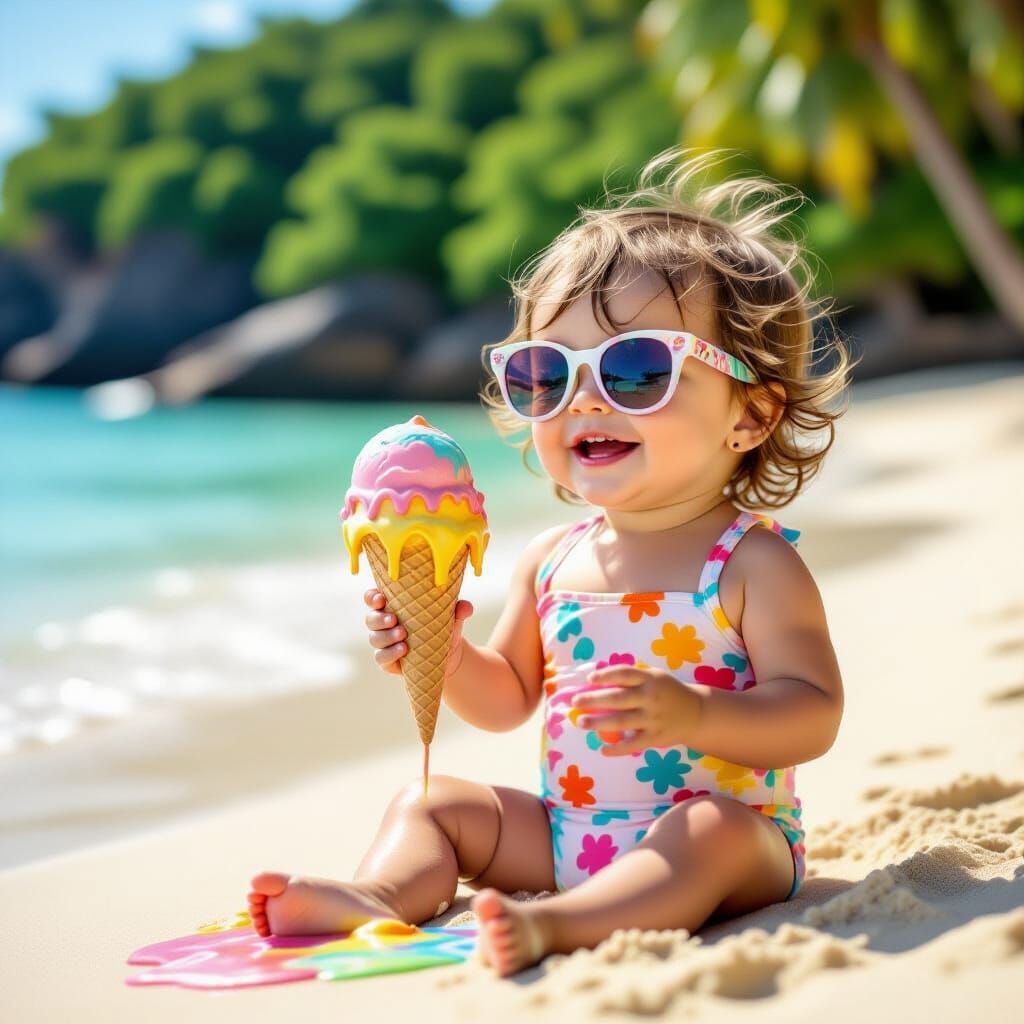Chibi toddler holding a melting ice cream cone on a sunny day at the beach ice cream dripping into the sand