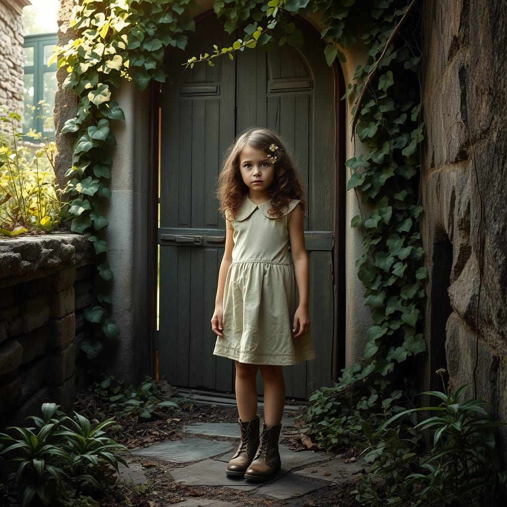 Girl in Forgotten Garden, Wearing Wildflowers in Hair, Amids...