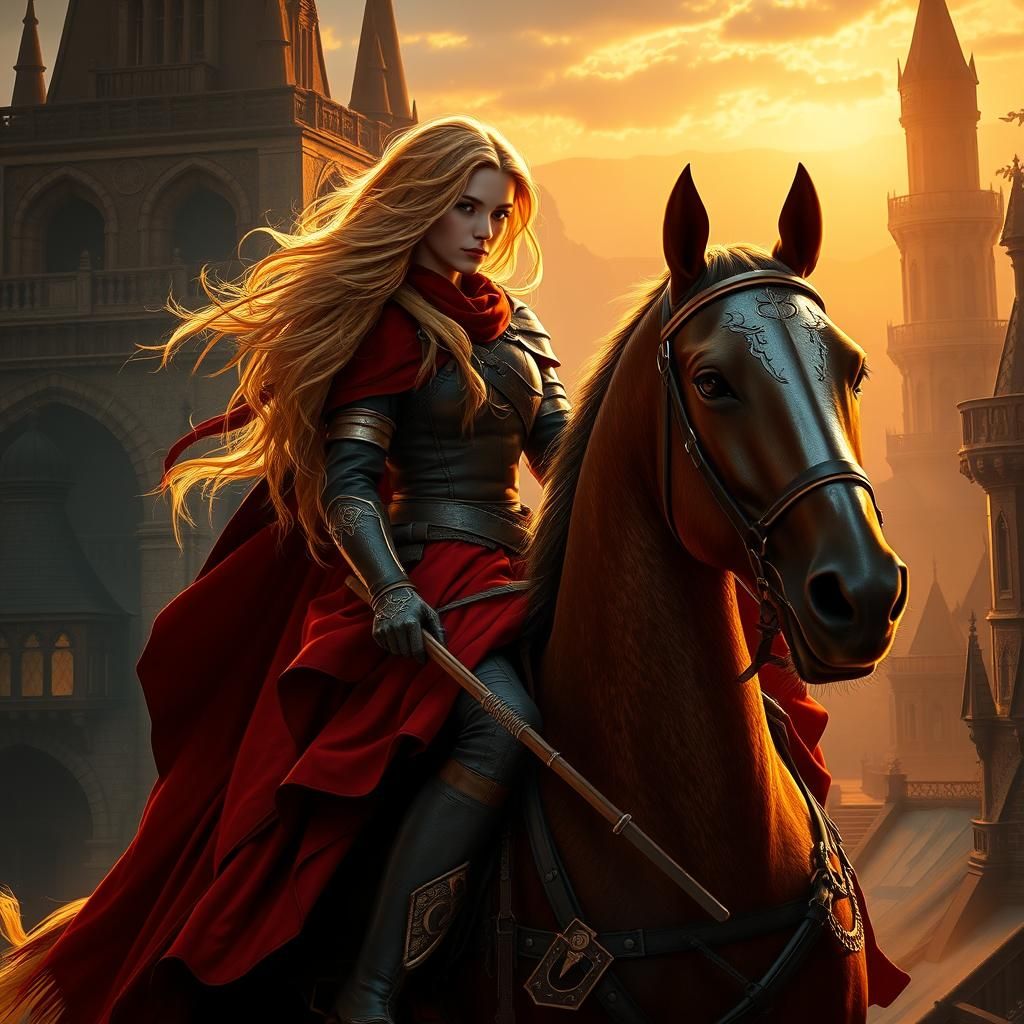 Majestic Woman Riding Horse in Ancient City