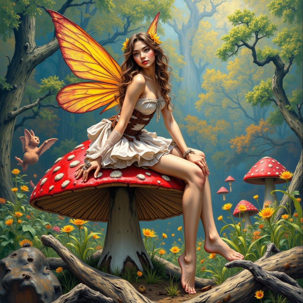 Fairy Posing on Toadstool in Fractured Renaissance Style