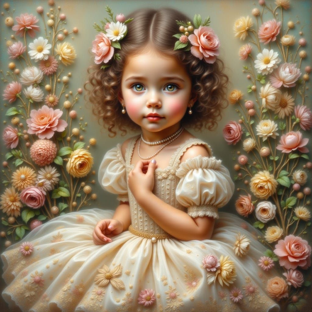 Delicate Toddler Portrait in Painterly Style with Floral Acc...