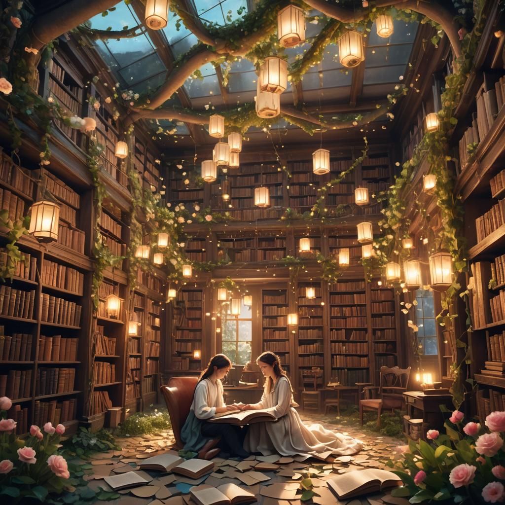 Magical Library with Floating Books, Dreamlike Matte Paintin...