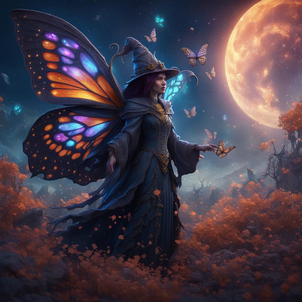 Celestial Butterfly Witch in Detailed Fantasy Art