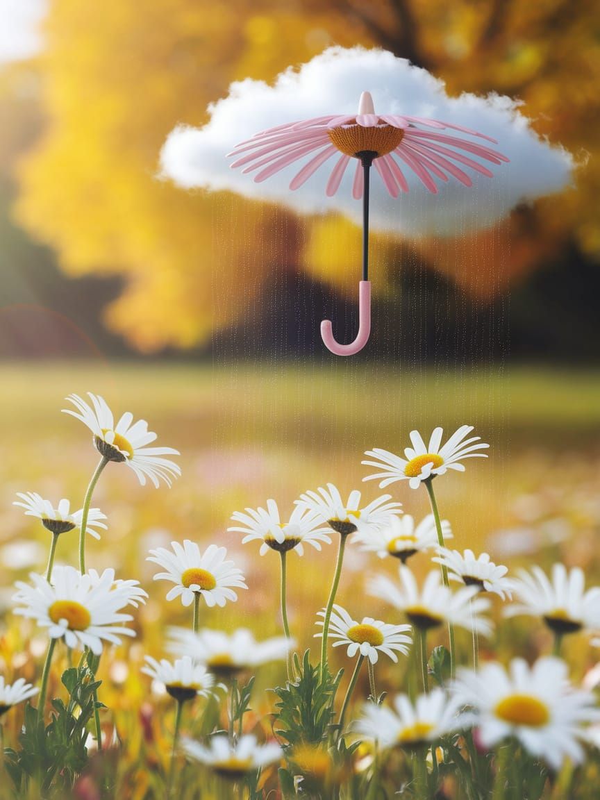 Autumn Landscape with Daisies and Flower Umbrella