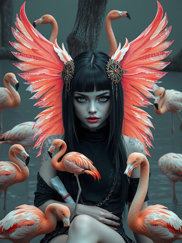 Gothic Punk Woman with Flamingos in Digital Art