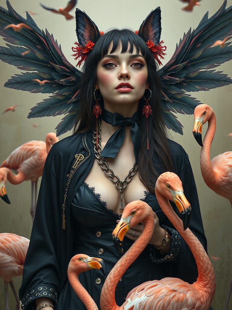 Gothic Punk Woman with Flamingos, Digital Painting