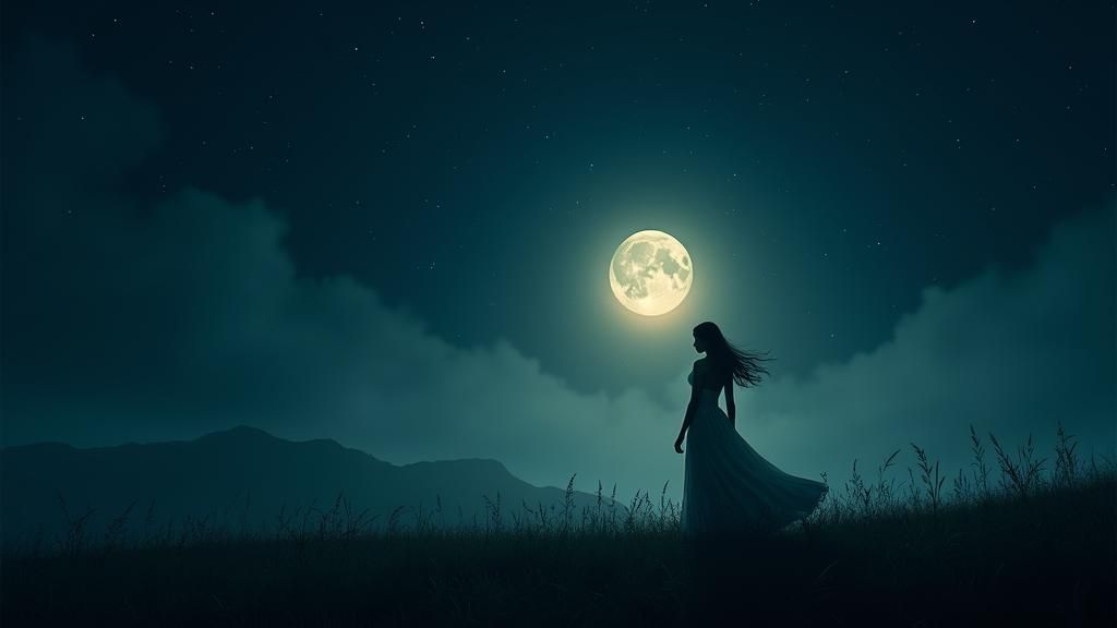 Ethereal Woman Walking in Moonlit Landscape