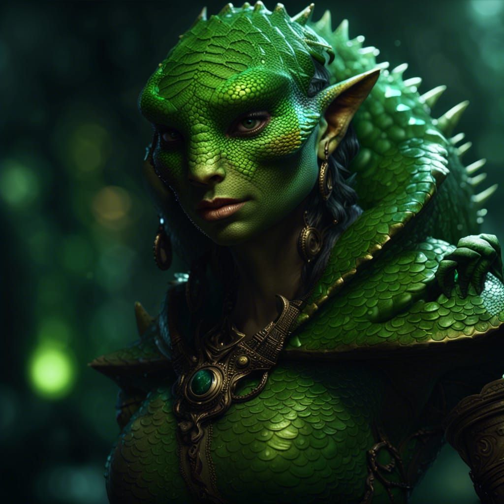 Lizardfolk Woman with Scales in Dark Fantasy Style