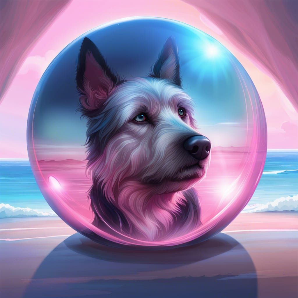 Stripy Dog in Glass Sphere on Blue Beach