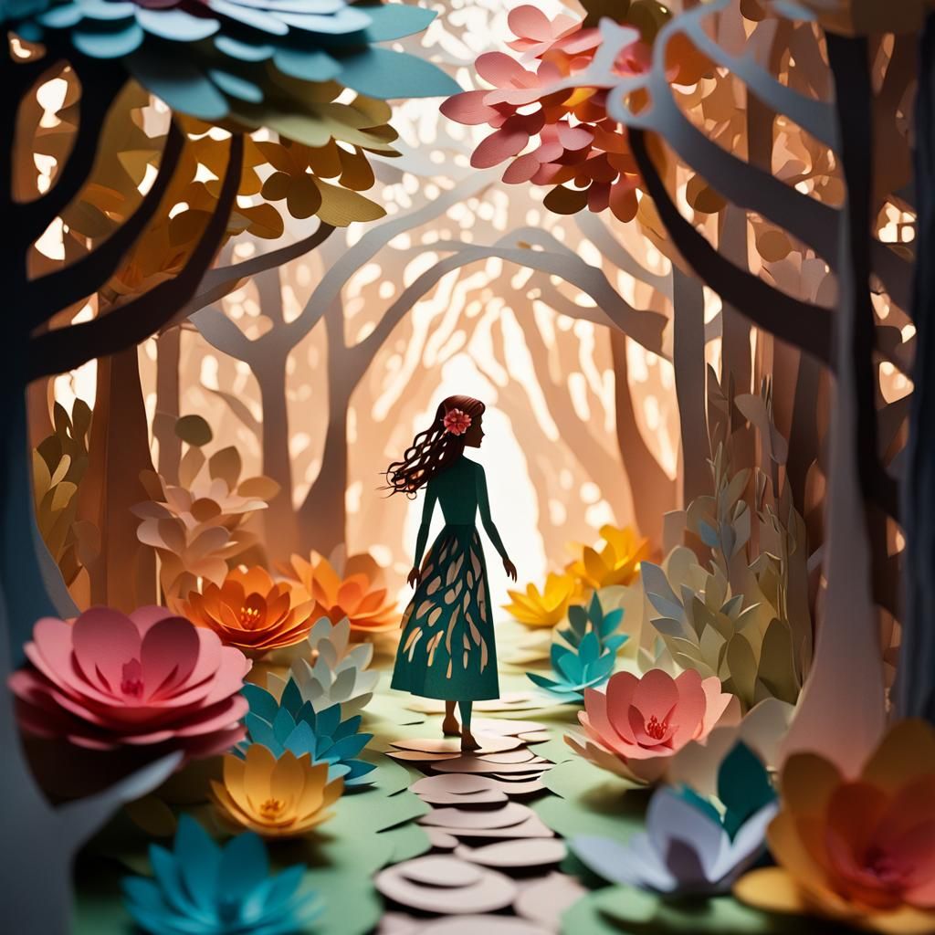 Mystical Forest Walk in Paper Art Style