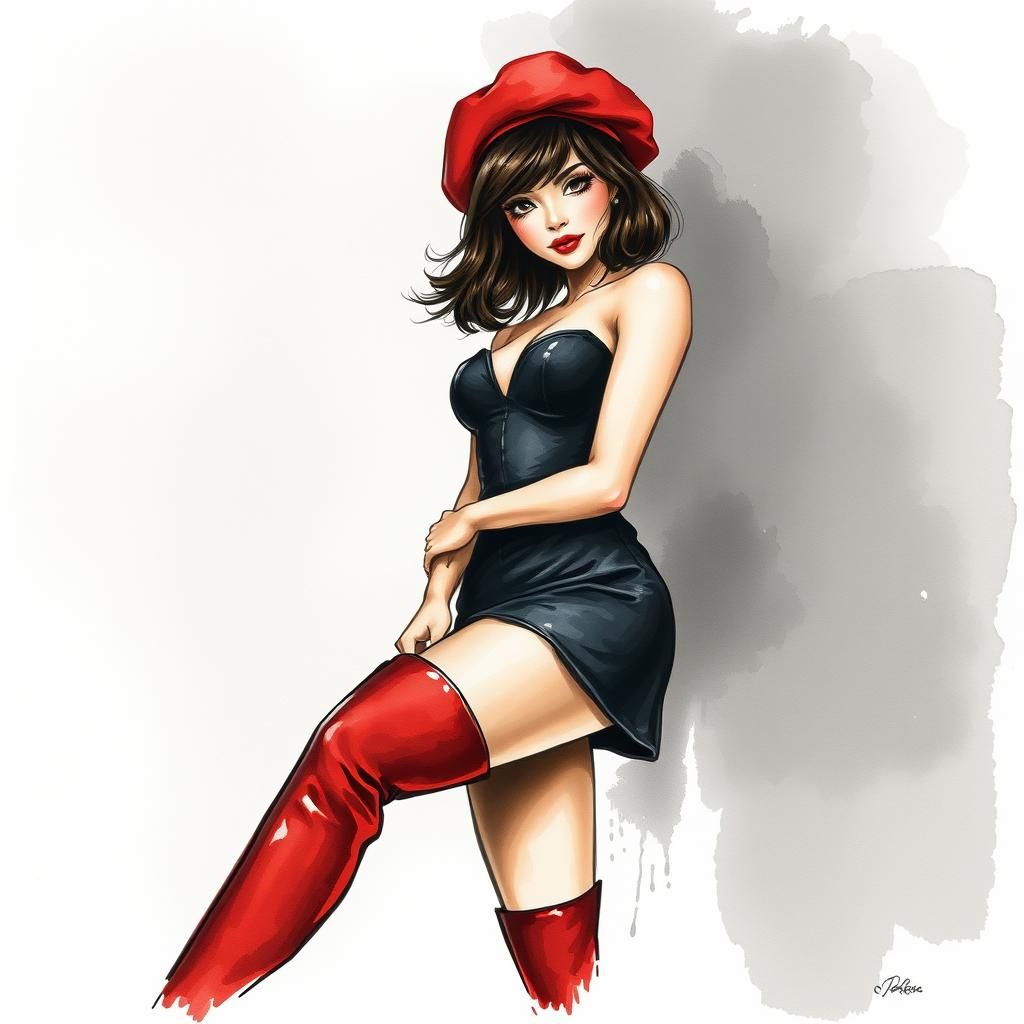 French Showgirl in 1970s Style with Watercolor Wash