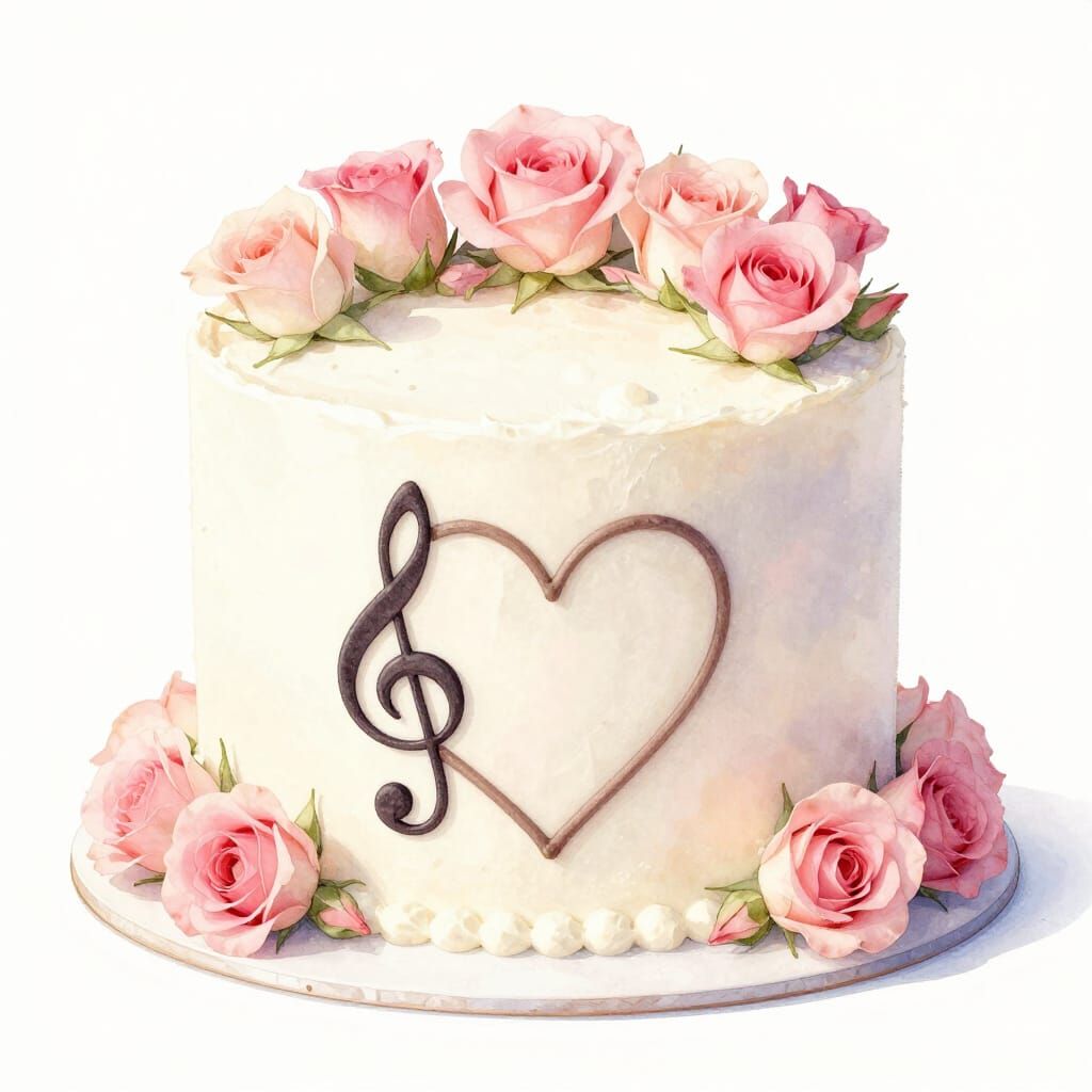 White Cake with Pink Roses and Musical Heart Design
