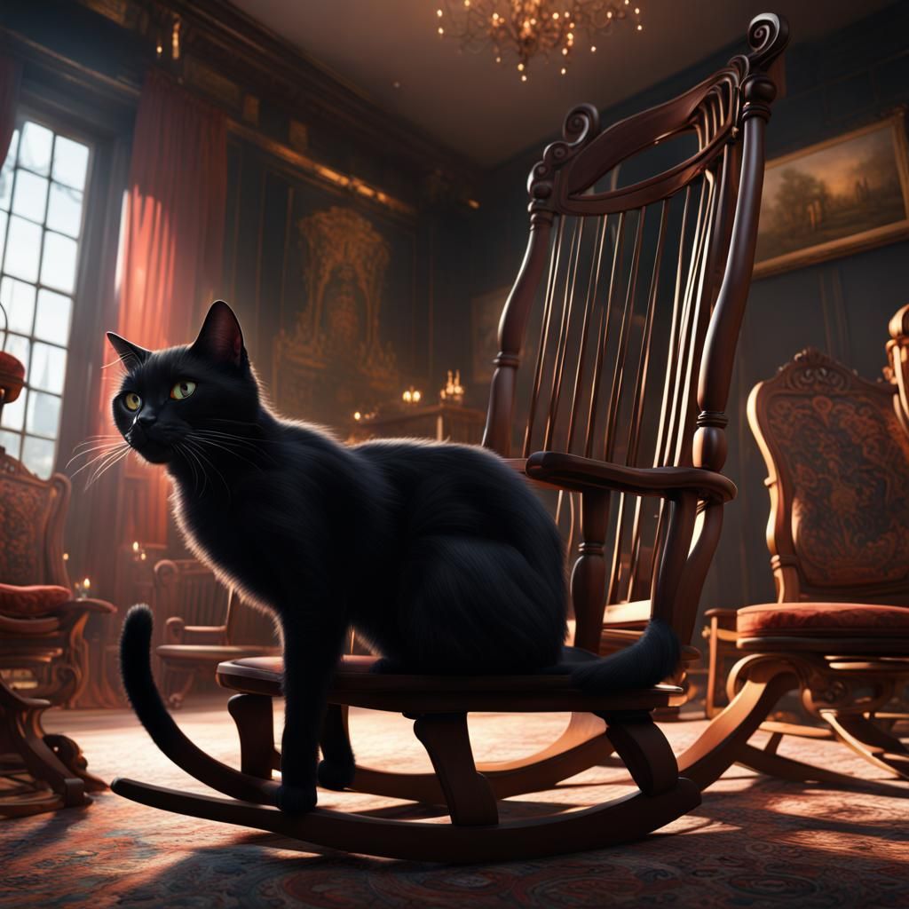 Black Cat in a Room of Rocking Chairs