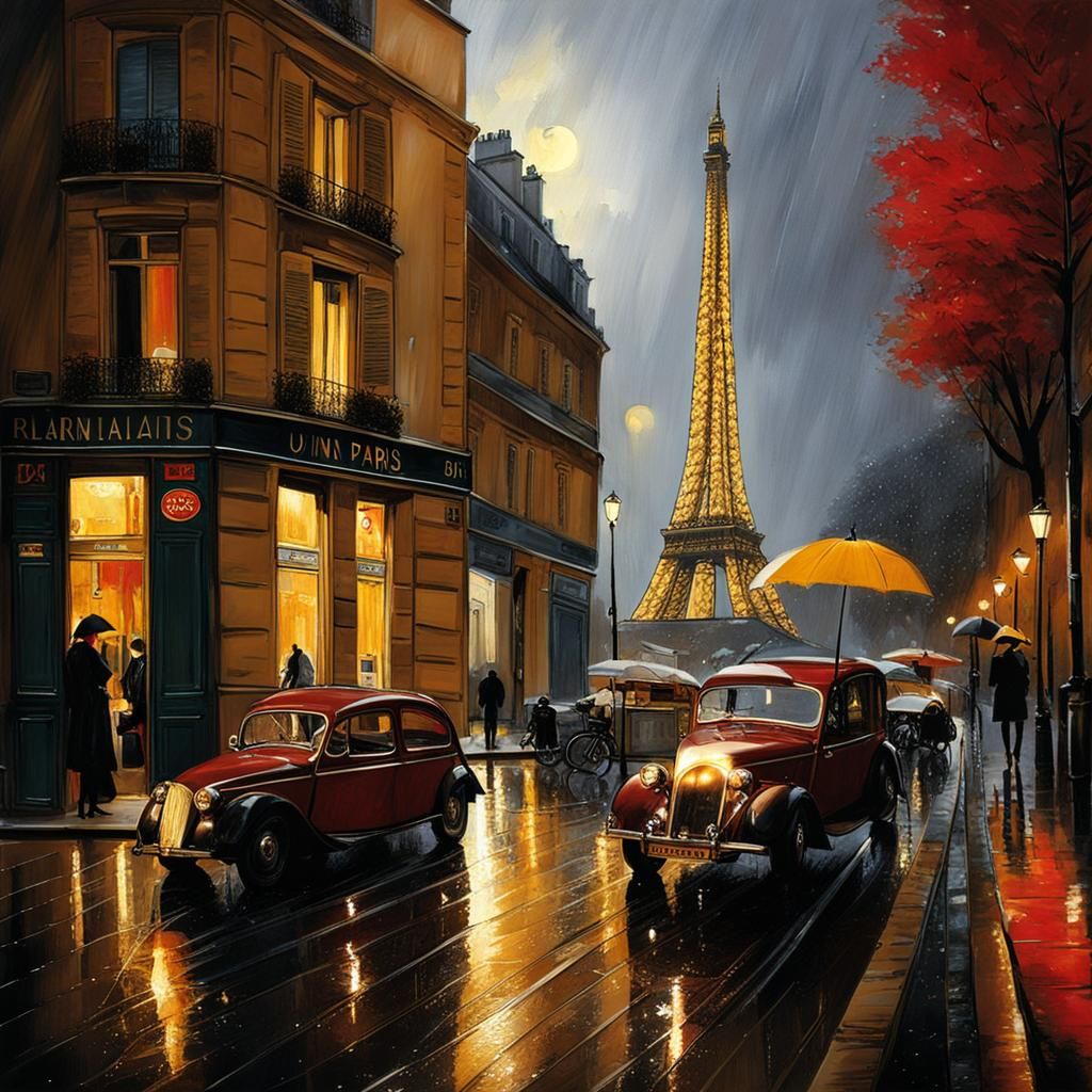 Rainy Night in Paris: City Lights Reflection