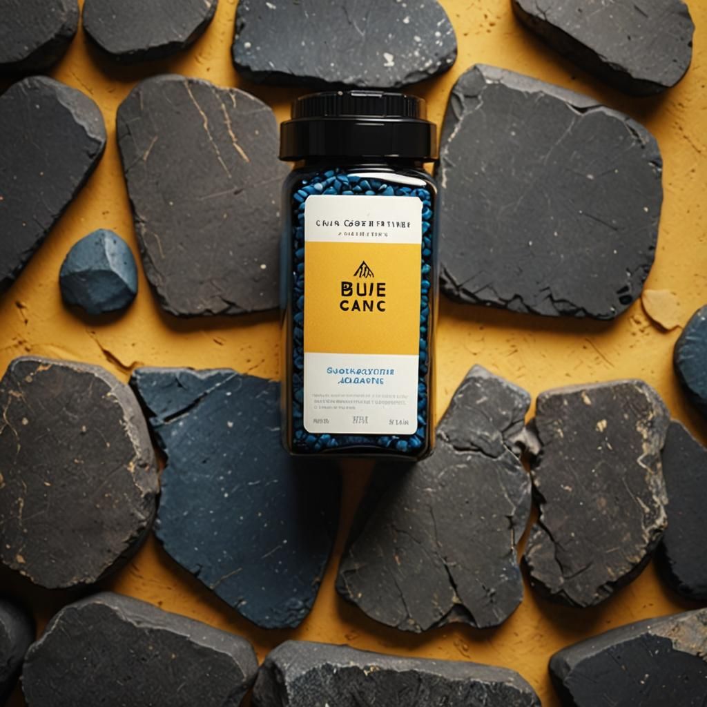Blue Bottle on Stones with Yellow Backdrop