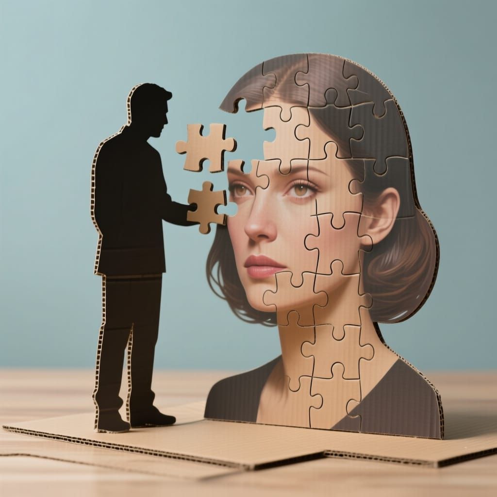 Surreal Cardboard Man Assembles Woman's Head Puzzle
