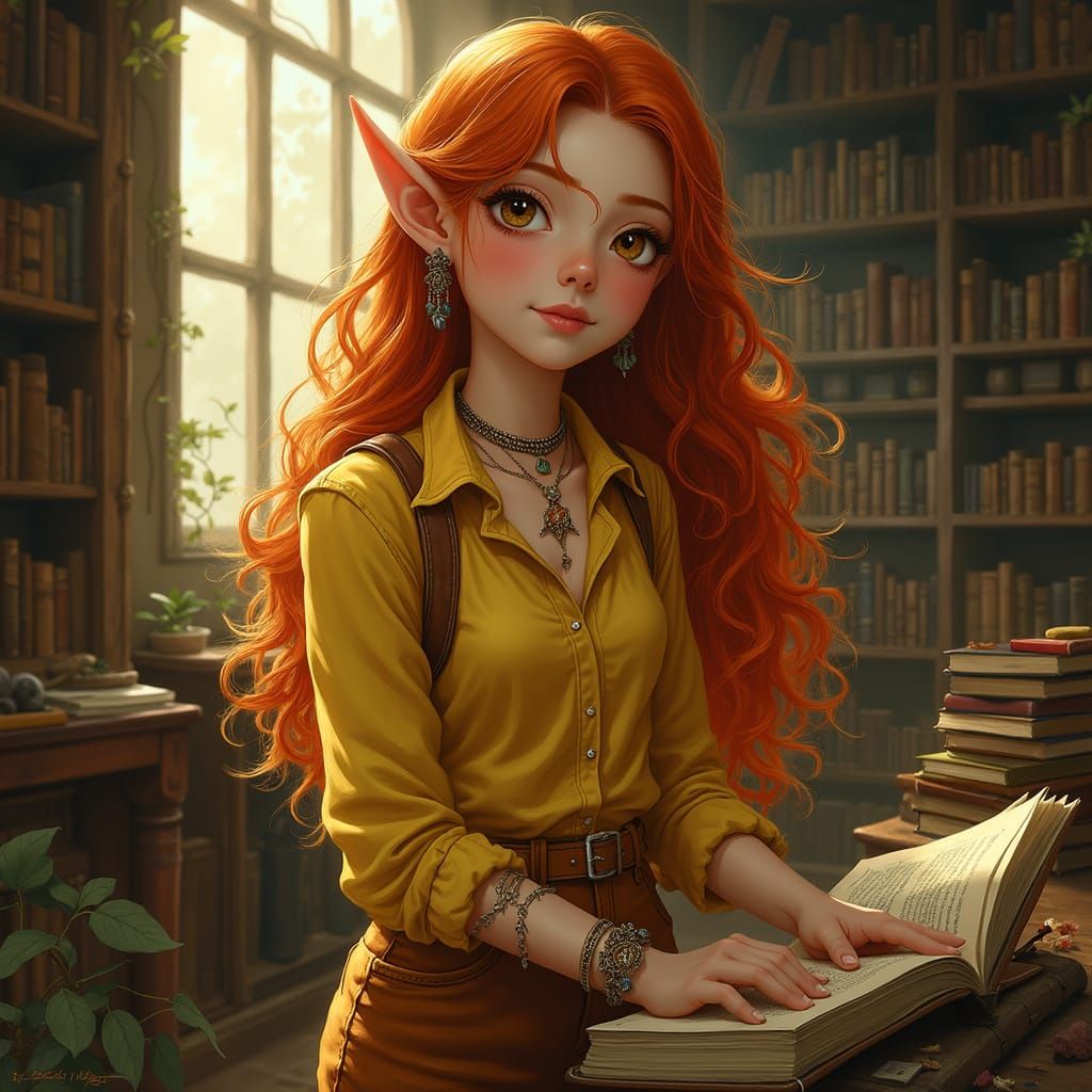 A young elven girl in the library