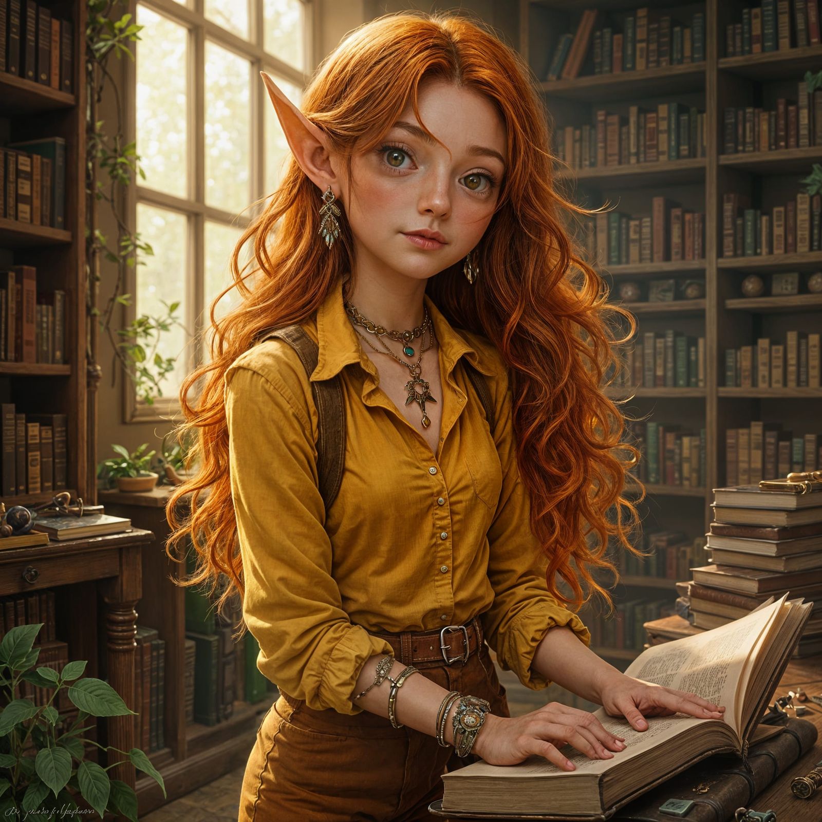 A young elven girl in the library