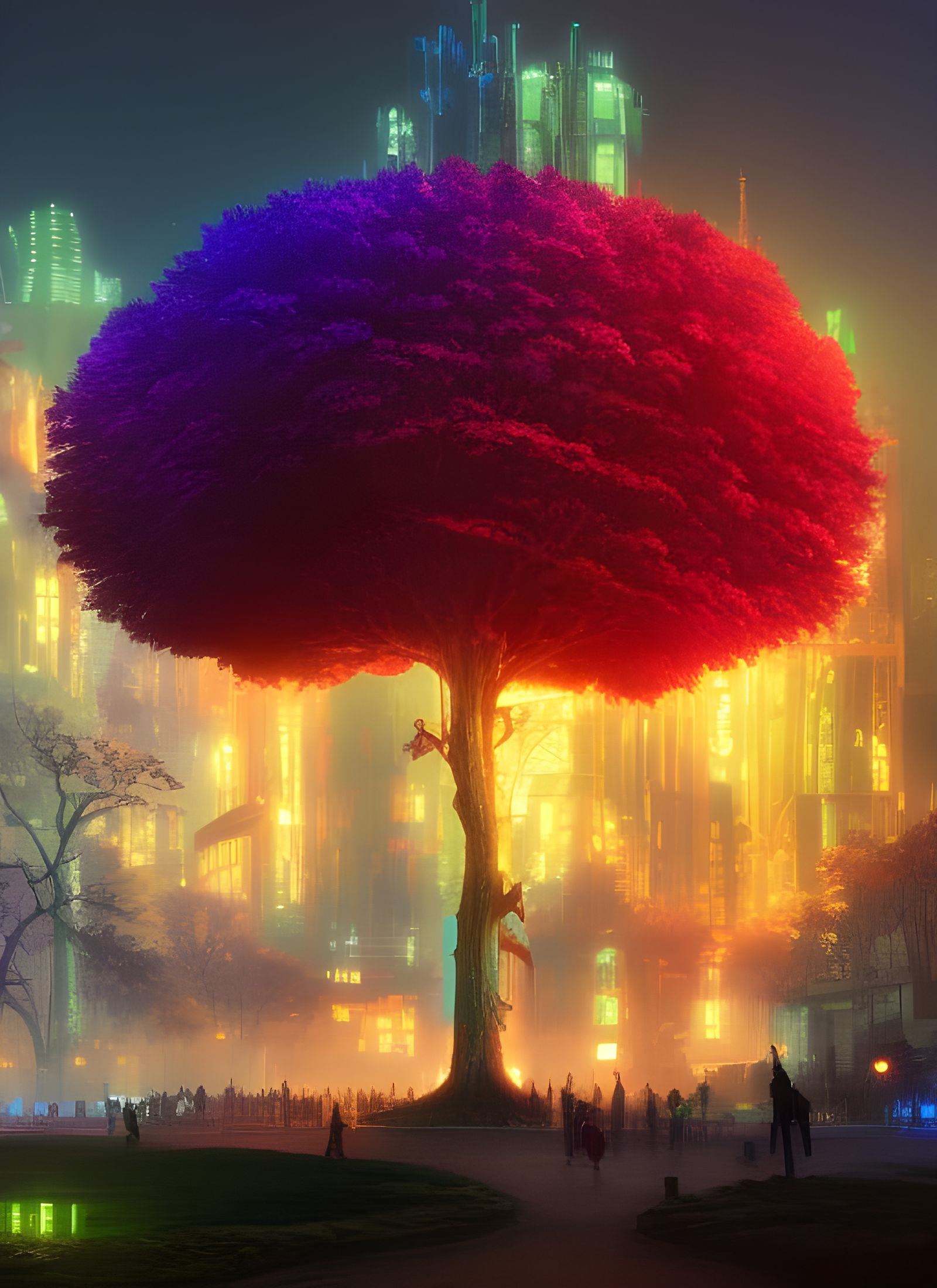Cyberpunk Castle and Magic Tree Digital Illustration