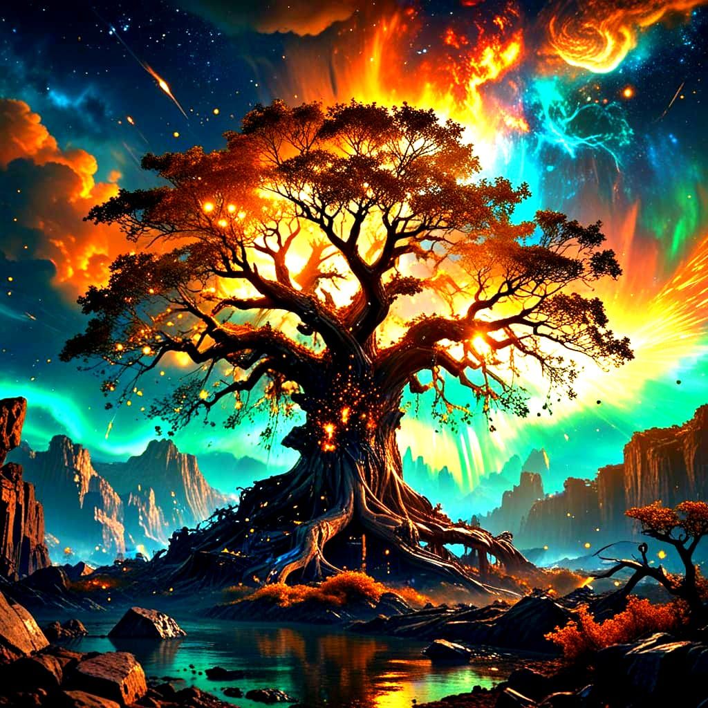 Cosmic Tree of Cities in Vibrant Surreal Landscape