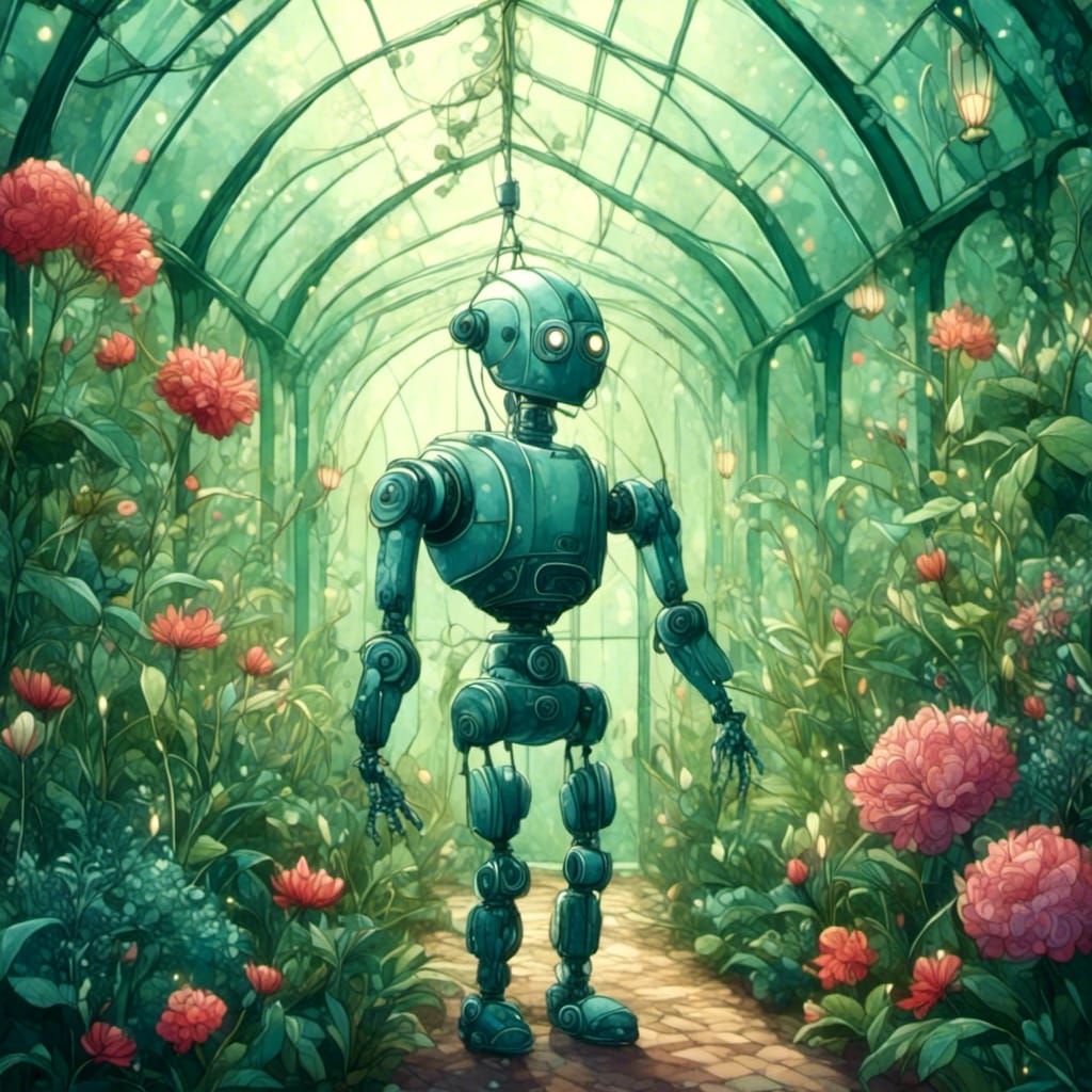 Robot Gardener in a Whimsical Greenhouse