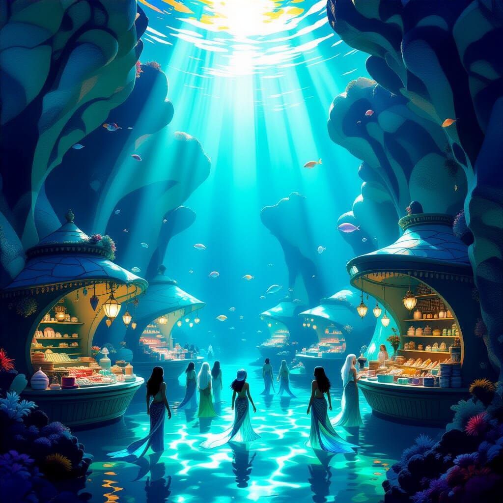 Underwater Merfolk Marketplace in High Fantasy Style