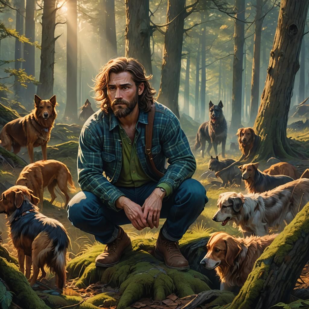 Hunter Crouching in Misty Woods: Fantasy Concept Art