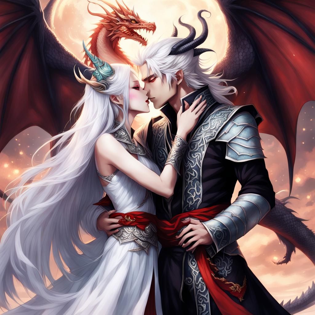 Romantic Dragon Goddess and Demon Prince Kiss