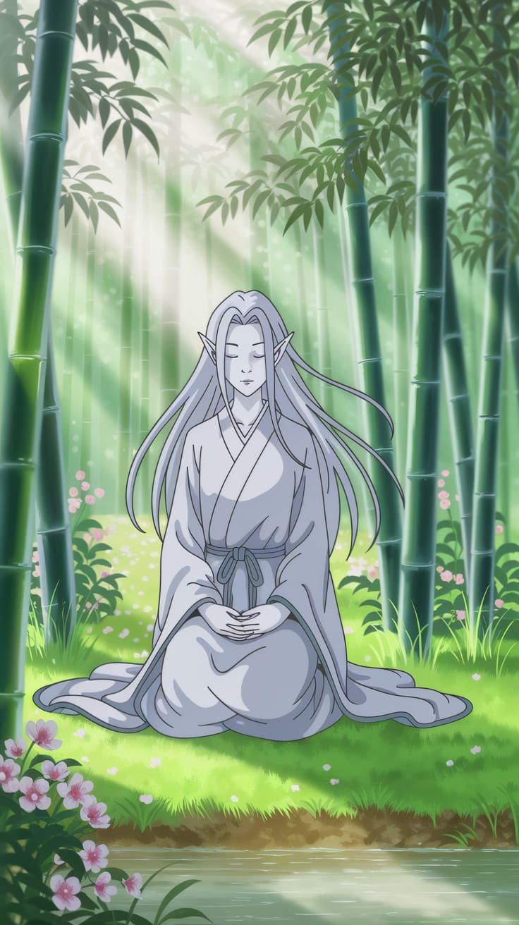 Ethereal Aasimar Monk in Serene Bamboo Forest