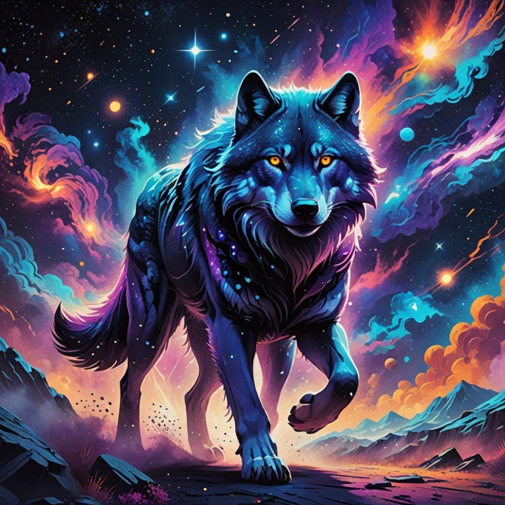 Majestic Wolf Walks Through Vibrant Cosmic Galaxy