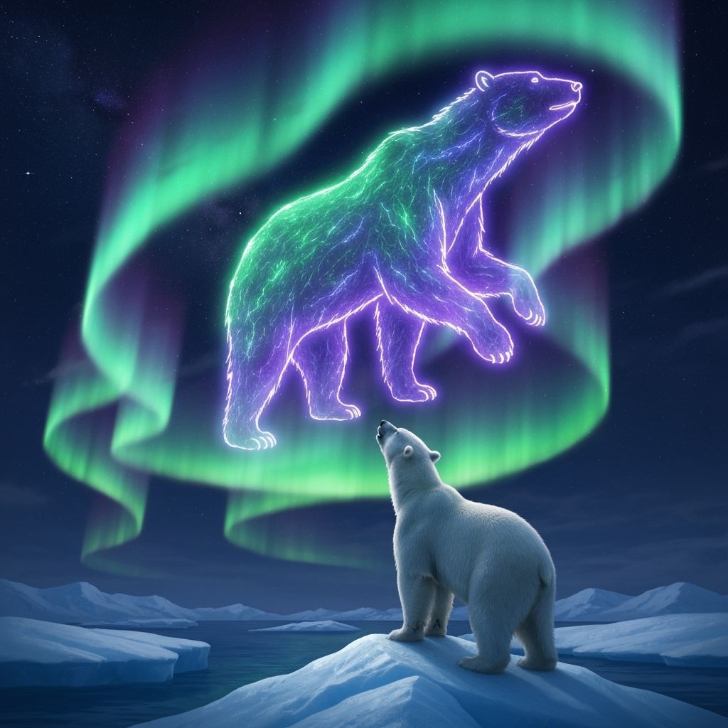 Polar Bear Gazes at Spirit Bear Aurora Over Arctic Ice