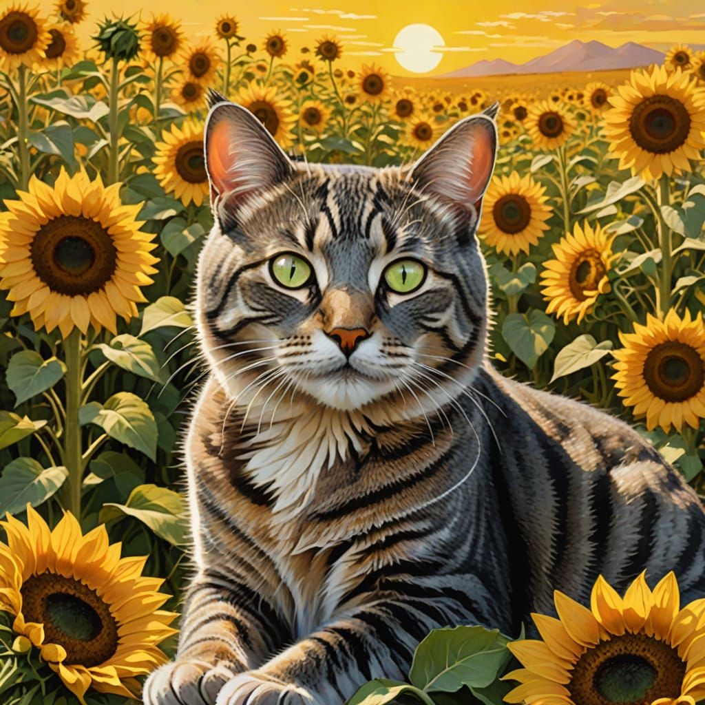 Whimsical Grey Cat Amidst Sunflowers in a Dreamy Landscape