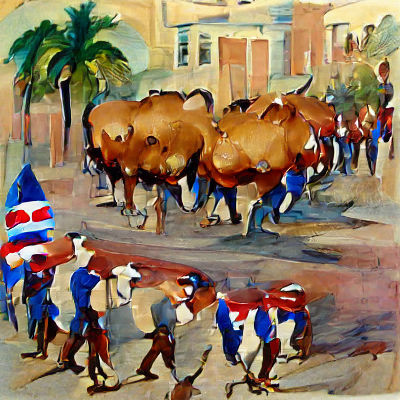 Cow-Headed Men Parade in Naive Art Style