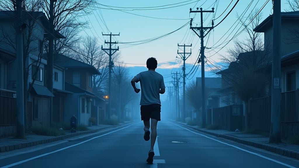 Man Jogging at Dawn in Anime Style
