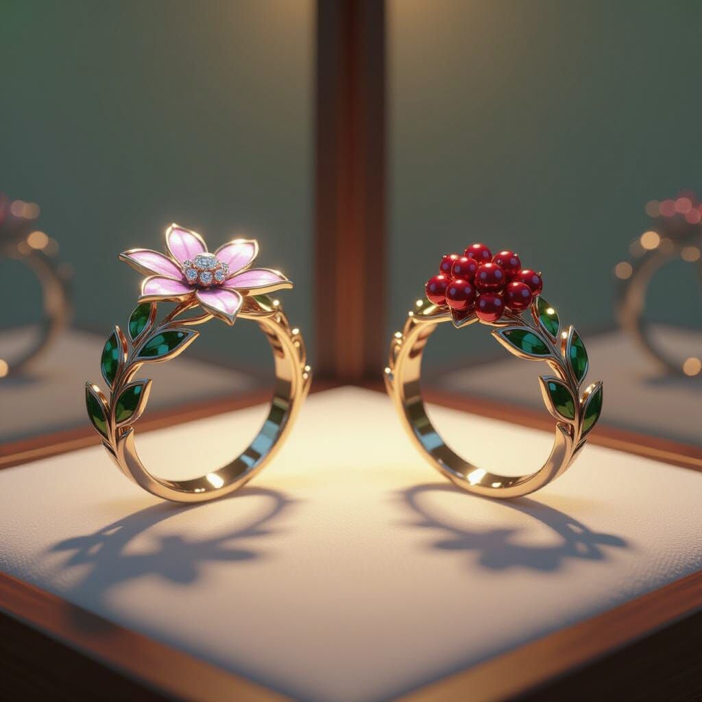 Elvish Mithril Rings in Display Case: Pixar Style