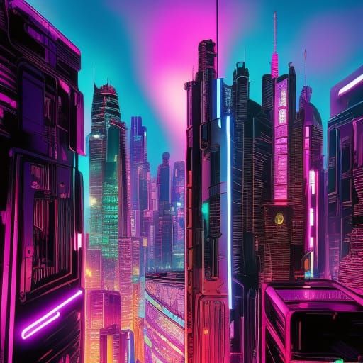 Neon Cityscape in Comic Book Style