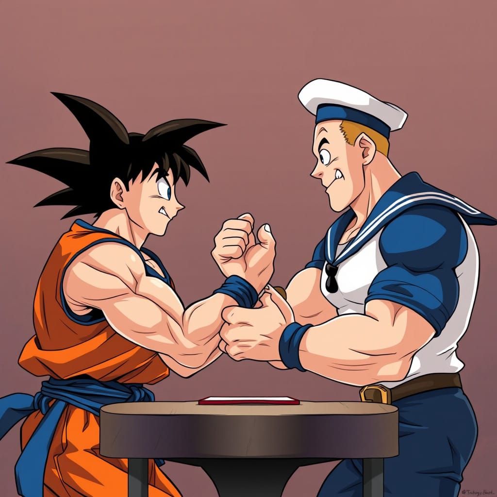 Goku and Popeye Engage in Epic Arm Wrestling Showdown