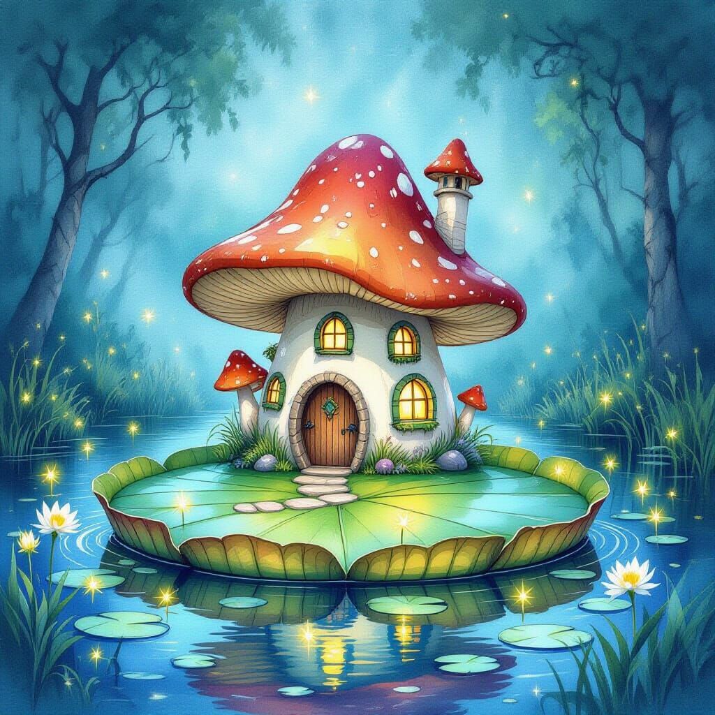 Whimsical Fairy Mushroom House on Floating Lily Pad