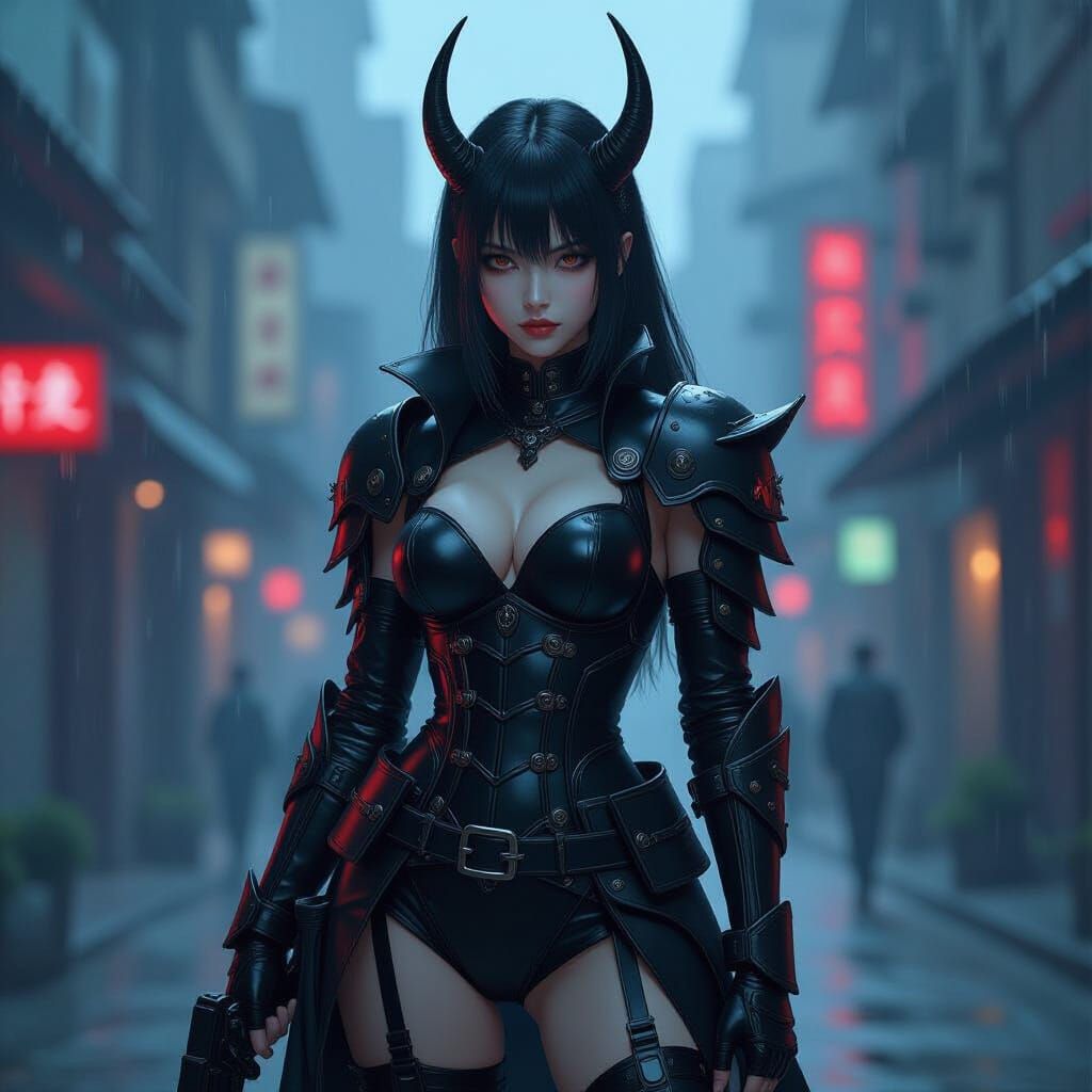 Cyberpunk Girl in Devil-Armor Posing in Neo-Noir City