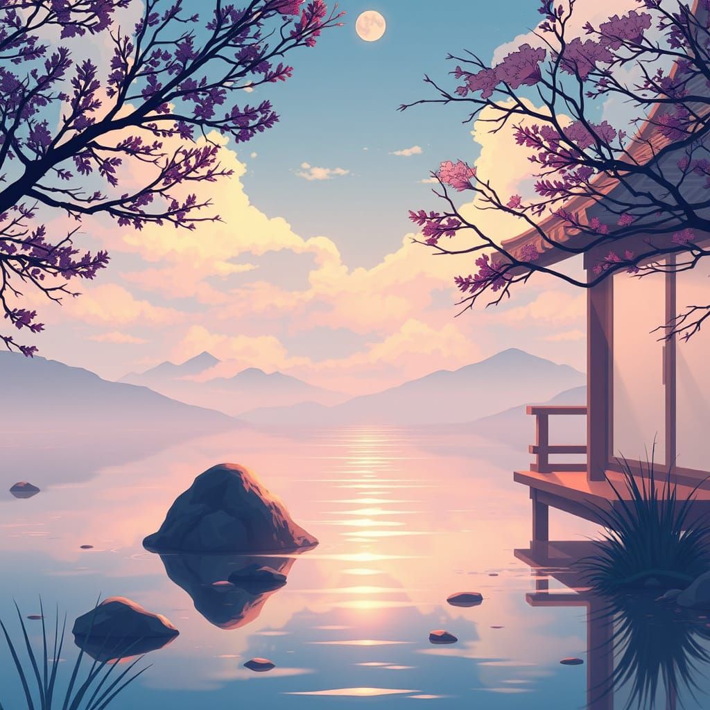 Serene Anime Scene with Cel-Shaded Relaxation