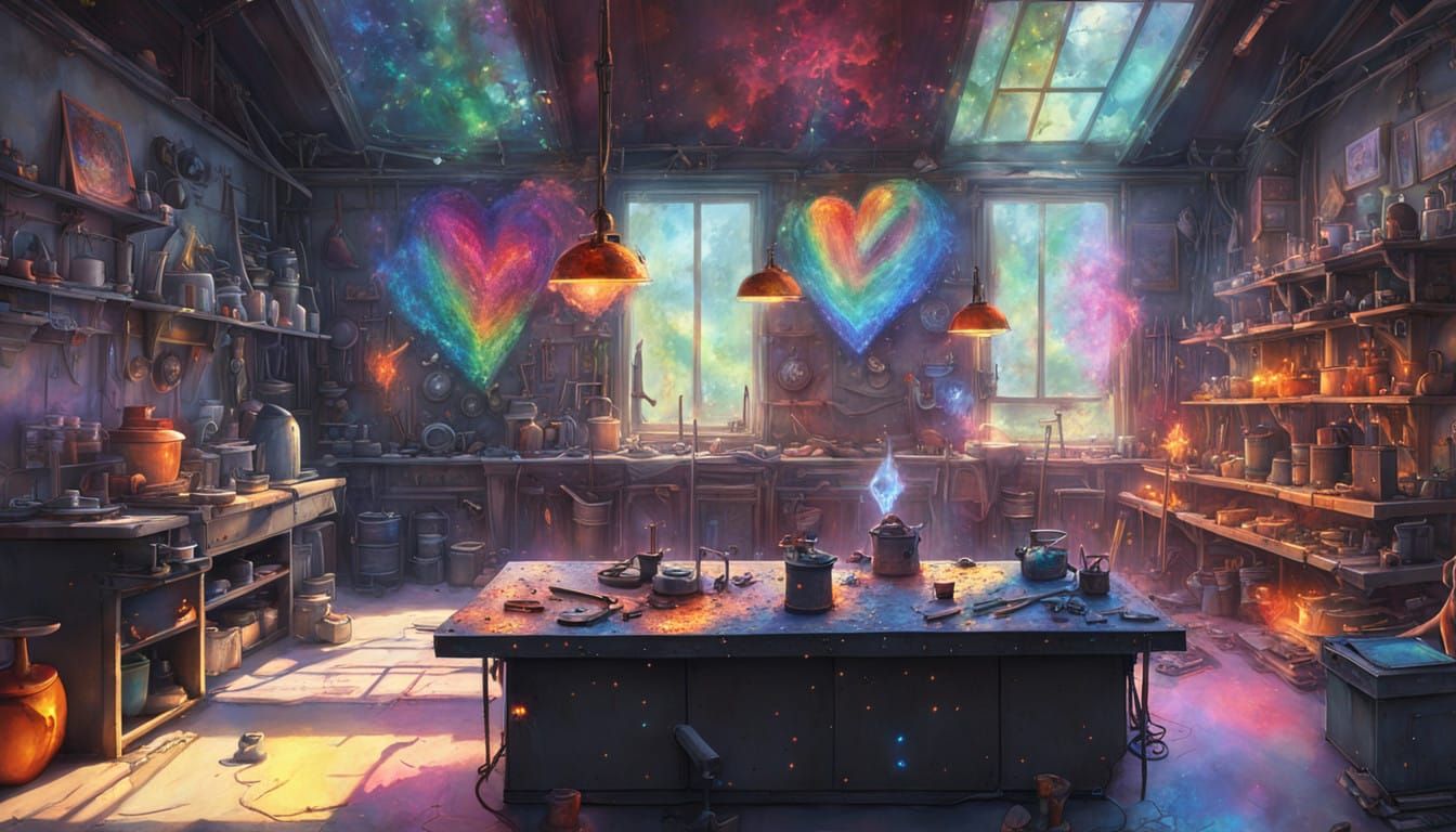 Mystical Rainbow Forge in Vibrant Crystalline Workshop
