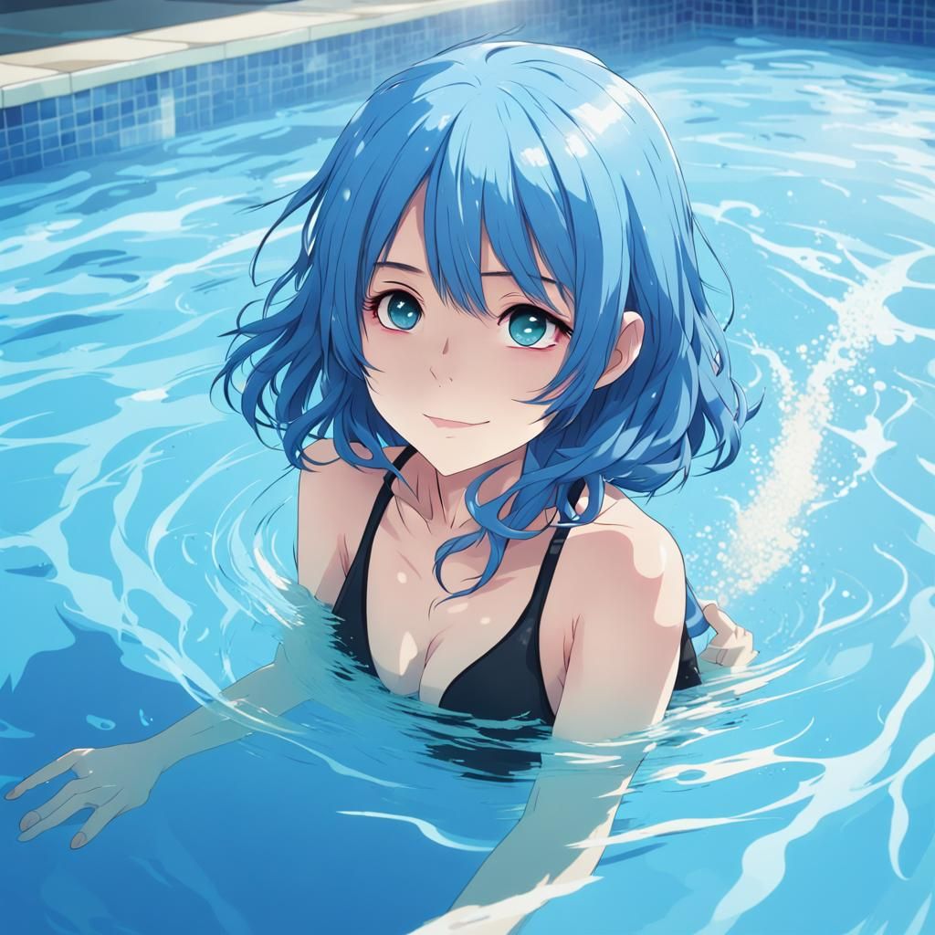 Blue-Haired Girl Swimming: Anime-Style Illustration