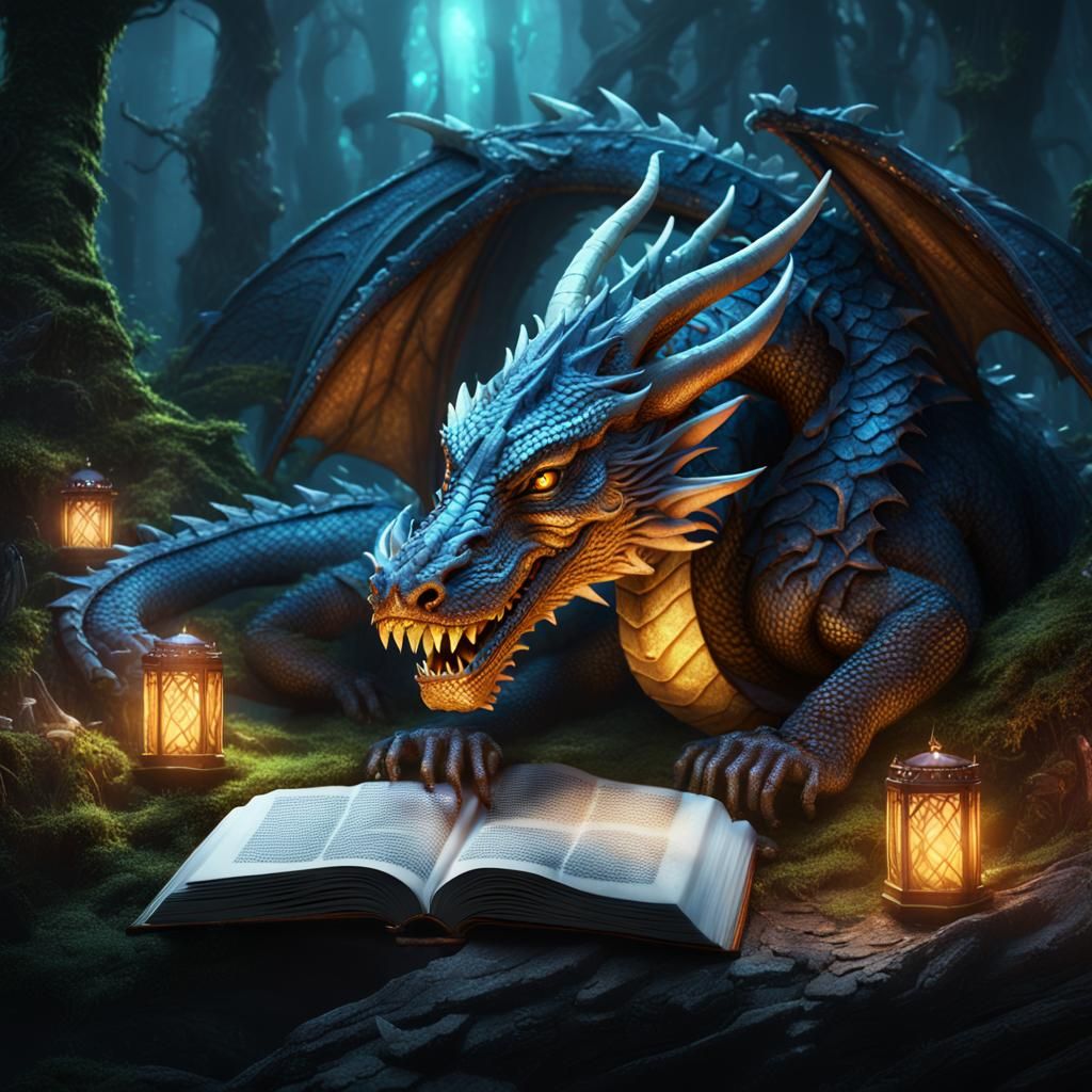 Enchanted Dragon Reads Runed Book in Forest