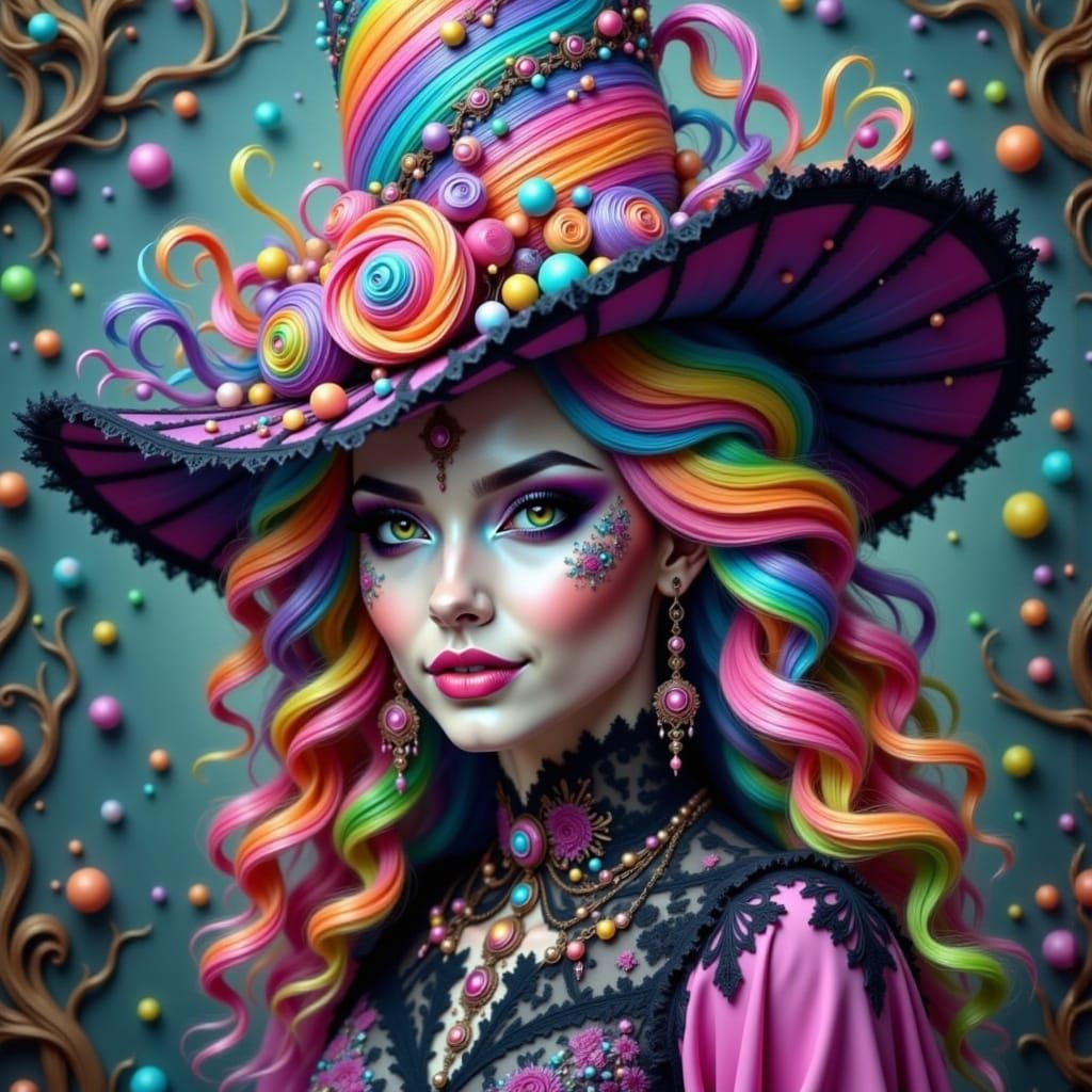 Evil Witch With Candy Face and Rainbow Eyes